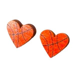 New Black and Orange Basketball Heart Shaped Wood Design Stud Earrings
